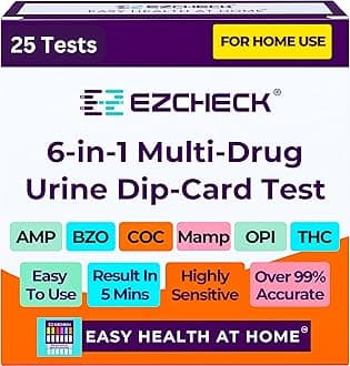 [25 Pack] EZCHECK® 6-Panel Drug Test - at-Home Rapid Urine Screening Kit for 6 Most Used Drugs: (THC-Marijuana, BZO-Benzos, MET-Meth, OPI/MOP-Opiates, AMP-Amphetamine, COC)
