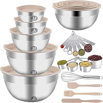 Mixing Bowls with Airtight Lids, 27PCS Stainless Steel Bowls Set, Khaki Large Metal Nesting Bowl 7QT to 1.5QT, Measuring Cups and Spoons Kitchen Tools for Prepping Cooking Serving