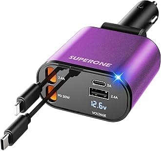 【Upgraded】 SUPERONE Retractable Car Charger 4 in 1, Fast Car Phone Charger with Cord 2.6ft, USB C and Apple Car Charger Adapter, Compatible with iPhone 17/16/15/15 Pro Max/14/13/12/11, Galaxy, Pixel
