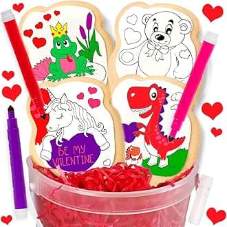 Valentines Day Cookie Gift Decorating Kit Activity Heart For Kids | 4 Jumbo Coloring Cookies + 3 Edible Ink Markers | Coloring Arts and Crafts