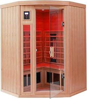 Ceramic Infrared Sauna 2-3 Person Far Infrared Saunas for Home Low EMF Indoor Home Sauna Hemlock Wooden Corner Sauna Room w/Bluetooth Speaker, LED Reading Lamp, Chromotherapy Light