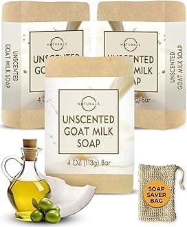 3-Pcs Goat Milk Soap with Soap Saver Bag - Unscented, Triple-Milled, Nourishing, for Sensitive Skin