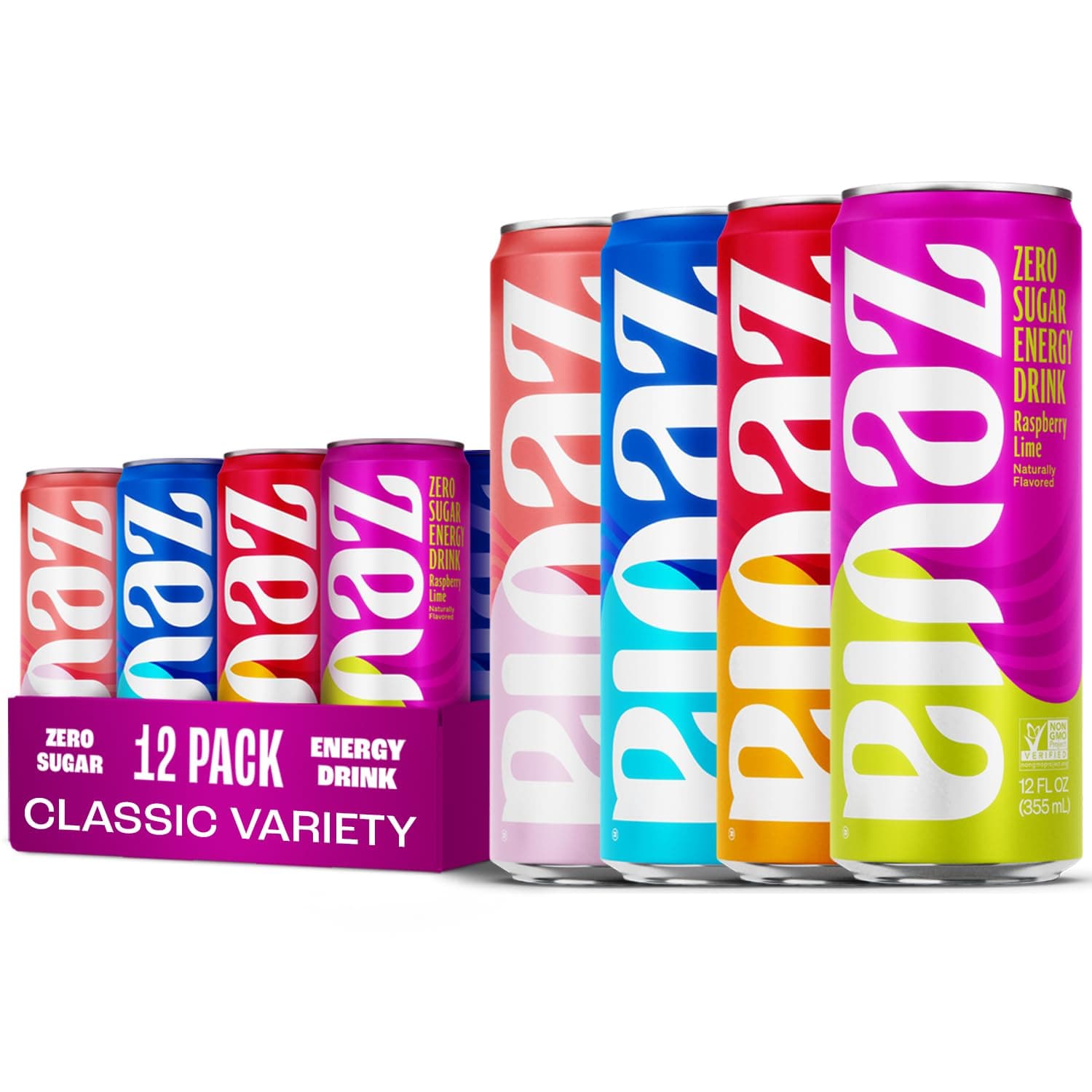 - Zero Sugar Energy Drink, Classic Variety Pack, 12 oz Cans (12-Pack) – Naturally Sweetened, Non-GMO Project Verified, Gluten-Free, Vegan