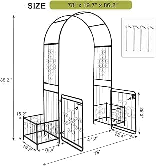 Garden Arbor with Gate and Planter, 7FT Wedding Arches for Ceremony, Metal Arbor Trellis for Climbing Plants Outdoor, Black Garden Archway for Lawn, Patio and Backyard, Includes Ground Stakes