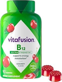 vitafusion Extra Strength Vitamin B12 Gummies, Supports Energy Metabolism and Nervous System Health Support, Gummy Vitamin Supplement for Women and Men, Cherry Flavor, 45 Day Supply, 90 Count