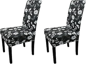Printed High-Back Chair Covers for Dining Room Chairs – Spandex Stretch, Universal Armless Chair Protective Slipcover for Kitchen, Wedding, Party, Banquet & Hotel, Floral Sunflower - Black, Pack of 2