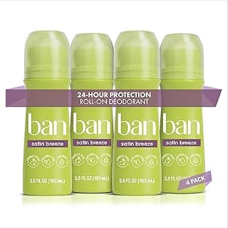 Ban Satin Breeze 24-hour Invisible Antiperspirant, Roll-on Deodorant for Women and Men, Baking Soda Free, Hypoallergenic, For Sensitive Skin, Paraben Free, Cruelty Free, Sulfate Free, 3.5oz, 4-pack