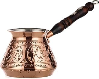 DEMMEX Thick Copper Turkish Greek Arabic Coffee Pot 450 ml – Handmade & Hand-Engraved Cezve Ibrik Briki with Wooden Handle & Spoon, Solid Copper Coffee Maker for Gas Stove, Made in Turkey, Engraved