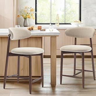 COLAMY Mid Century Modern Padded Kitchen Bar Stools with Backrest with Wooden Legs for Kitchen Dining Island Beige Set of 2