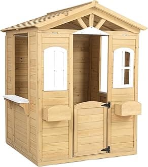 All Wooden Playhouse for Indoor & Outdoor Use, Country Style Cottage for Kids Play House Game