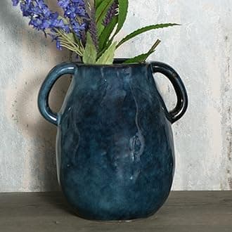 Tanvecle Blue Ceramic Vase with 2 Handles, Modern Farmhouse Decor, Rustic Terracotta Pottery, Decorative Flower Vases, Clay Small Vase, Centerpiece for Dining Table - 7 Inch Tall