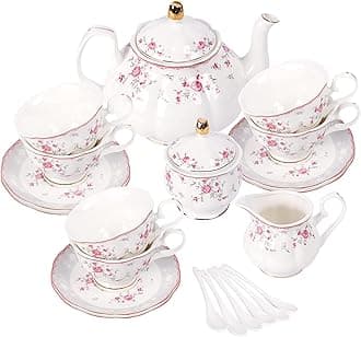 21 Pieces Pink Rose Porcelain Tea Set with Spoons, Coffee Cup and Saucer Set for 6, Afternoon Tea Party Service for Adults