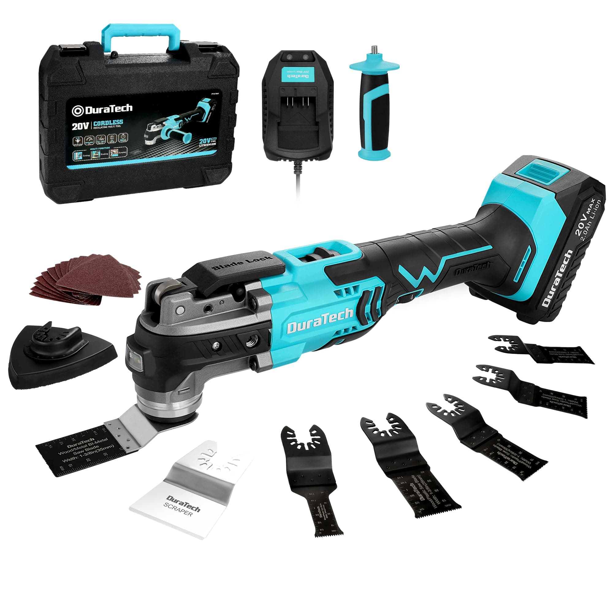 DURATECH 20V Cordless Oscillating Multi-Tool Kit with 6 Variable Speeds, 3° Oscillation Angle, 24PCS Accessories, 2.0Ah Battery, Charger & Carrying Case, for Cutting, Scraping, Sanding