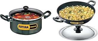 Q34 Futura Non-Stick Stewpot with Glass Lid, 3 litres Non-Stick Round Bottom Deep-Fry Kadai with Steel Lid, 30Cm