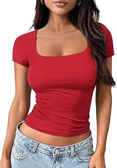 Trendy Queen Double Lined Short Sleeve Tshirts for Women Square Neck Cute Crop Top Spring Summer Basic Tees Workout Going Out