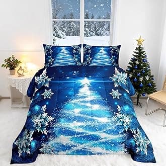 Feelyou Blue Christmas Comforter Set Queen Size Christmas Tree Bedding Set Glitter Snowflake Comforter Microfiber Kids Adults Holiday Winter Duvet Quilt Xmas Room Decor
