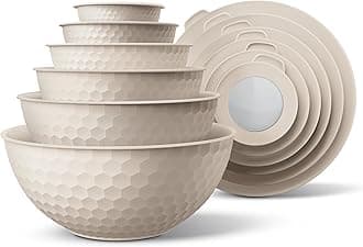 COOK WITH COLOR Mixing Bowls with Lids - 12 Piece Plastic Nesting Bowls Set includes 6 Prep Bowls and 6 Lids, Microwave Safe Mixing Bowl Set, Cream Embossed