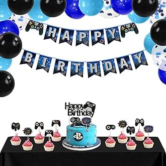 Video Game Party Supplies Boys Party Decorations Happy Birthday Banner, Cake Topper, Swirl, Tablecloths and Balloons, for Kid Birthday Decoration