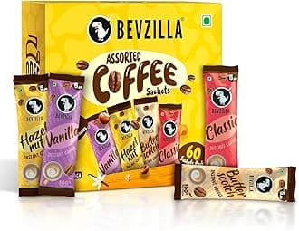 Generic Be'-vzilla 60 Instant Coffee Powder Sachets 4 Flavours -120 Grams Turkish Hazelnut, Colombian Gold, French Vanilla & English Butterscotch 15 Sachets Each Flavour Makes 60 Cups Strong Coffee.