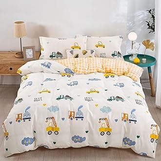 DJY Kids Duvet Cover Set Full Size, Cotton Cartoon Car Truck Bedding Set for Boys Girls, 3 Pieces Soft Breathable White Yellow Plaid Reversible Comforter Cover Set (1 Duvet Cover+2 Pillowcases)