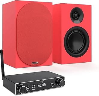 - Passive Bookshelf Speaker with Removable Magnetic Grille and Hi-Fi Amplifier | Positive Red Finish | Studio-Grade Sound for Vinyl, TV and Wireless Streaming