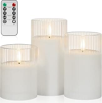 ANGELLOONG White Flameless Candles with Timer, Glass Flickering LED Candle with Remote, Set of 3 Battery Operated Pillar Candles for Bathroom Bathtub Home Decor Wedding Christmas Decoration