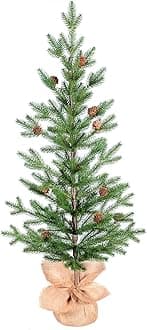 3FT Tabletop Artificial Christmas Tree, 209 Realistic PE Branches, Pine Cone Decorations, Unlit, Cement Base Wrapped in Burlap, Green