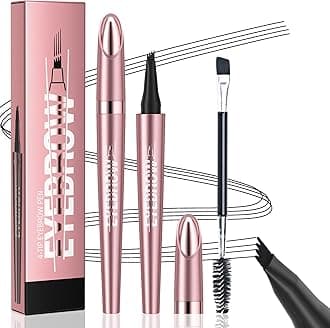 Eyebrow Pencil, 3D Microblading Eyebrow Pen with 4 Micro-Fork Tip & Spoolie Brush, Long-Lasting Precise Eye Brow Pencils, Waterproof Smudgeproof Brow Pen Makeup Cosmetic Tool for Women (Black)