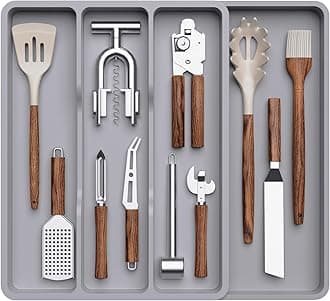 Lifewit Utensil Drawer Organizer, Expendable Cooking Silverware Tray for Kitchen Drawer, Adjustable Cutlery Flatware Holder, Plastic Spatula Tools and Gadgets Storage Divider, 4 Compartments, Gray
