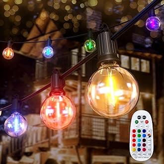 Brightown RGBW Outdoor String Lights, 29FT LED Patio Lights with Remote and Timer, Commercial Grade Waterproof Hanging Lights with 13 Shatterproof Bulbs(1 Spare) for Backyard Porch Garden Party Decor