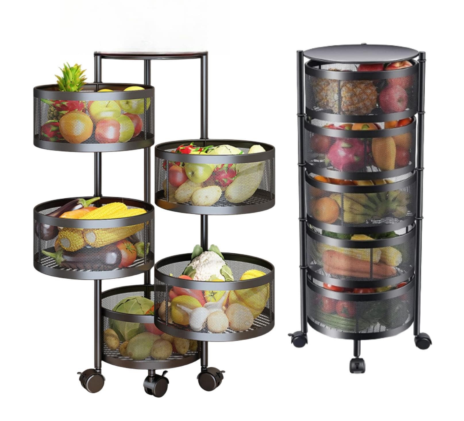 – 5 Tier Kitchen Storage Shelf, Rotatable Fruit Vegetable Basket, Circular Rotating Basket Large Storage Rack with 4 Movable Wheels