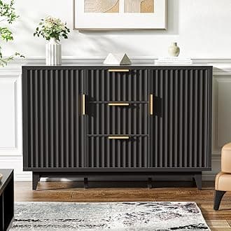 47.2" W Storage Cabinet with 3 Drawers, Fluted Buffet Cabinet with Storage, Large Sideboard with 2 Door, Modern Mid Century TV Stand Coffee Bar Cabinets for Living Room, Kitchen, Entryway
