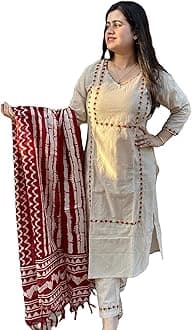 GoSriKi Ladies Cotton Blend Embroidered Straight Trousers Kurta Dupatta