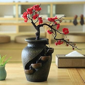16" Flower Ornament Vase Decorative Bonsai Mini Tabletop Waterfall Fountain Indoor with Water Flow & Artificial Bouquet, Desktop Water Fountains Home Decor