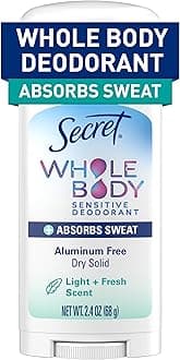 Secret Whole Body Deodorant Dry Feel Stick + Absorbs Sweat for Women, Naturally Derived Ingredients, Light & Fresh Scent, Aluminum Free Deodorant Stick, 72 HR Odor Protection, 2.4 oz