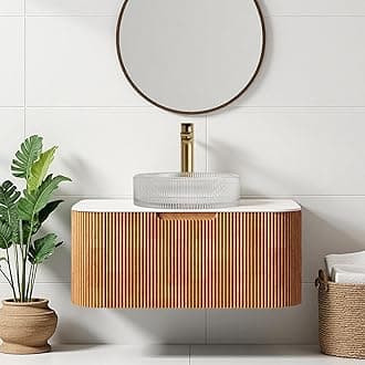 30" Floating Bathroom Vanity with Sink, Modern Bathroom Cabinet with Round Crystal Glass Basin and Ultra-Thin Marble Top, Extra Large Storage Drawer, Soft-Close Design, Nature Wood