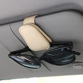 KIWENSunglasses Holders for Car Visor, Magnetic Leather Glasses Eyeglass Clip for Car, Ticket Card Clip Sunglasses Mount, Car Visor Accessories Gadgets (1, Beige)
