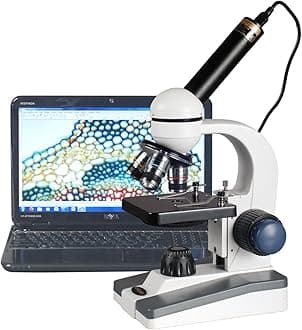 M150C-E1 40X-1000X LED Coarse & Fine Focusing Science Student Microscope with Single Lens Condenser and 3MP USB Digital Camera for Photos and Videos