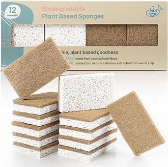 bioGo White 12 Pack Biodegradable Kitchen Sponges - Eco-Friendly, Compostable, Natural Cellulose Dish Sponges