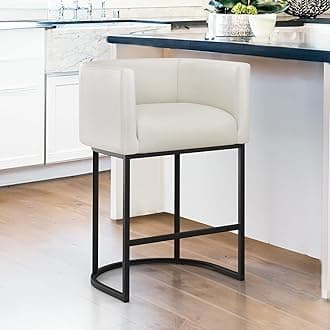 27" H Counter Height Bar Stools, Modern Barrel Counter Stools with Backrest and Arms, Black Metal Frames, Faux Leather Upholstered Accent Barstools for Kitchen Island, Antique White