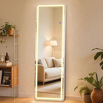 Sweetcrispy Full Length Mirror with LED Lights, 60"x16" Lighted Floor Mirror with Dimming & 3 Color Lighting, Stand for Bedroom, Dressing Room, Rectangle