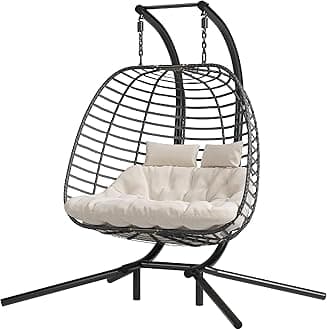 Double Hanging Egg Chair wth Stand, Patio Hammock Swing Chair with Cushion Loveseat for Bedroom, Balcony, Garden, Indoor, Outdoor, Beige