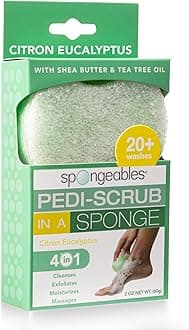 Spongeables Pedi-Scrub Foot Exfoliating Sponge with Heel Buffer and Pedicure Oil, Citron Eucalyptus, Contains Shea Butter & Tea Tree Oil, 5+ Washes, Green