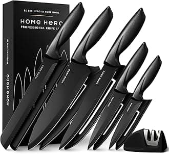 5-Piece Kitchen Knife Set with Protective Sheaths & 2-Stage Sharpener, Black Stainless Steel Chef, Bread, Carving, Utility & Paring Knives