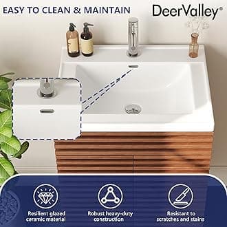 Deer Valley DV-1BV0151NW 24" Bathroom Vanity with Ceramic Sink Top, Pre-Assembled Mid-Century Wood Bathroom Cabinet Sink Combo in Walnut White