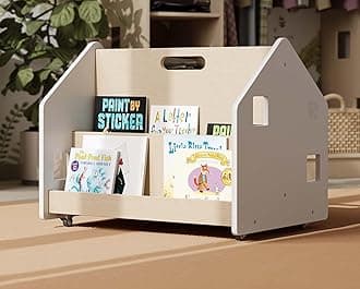 Montessori Wooden 4 Tier Double-Sided Kids Mobile Wheels Bookshelf Toddler Children Book Shelf Portable Movable Storage Bookcase Rack Open Organizer Multifunctional Display Holder (White)