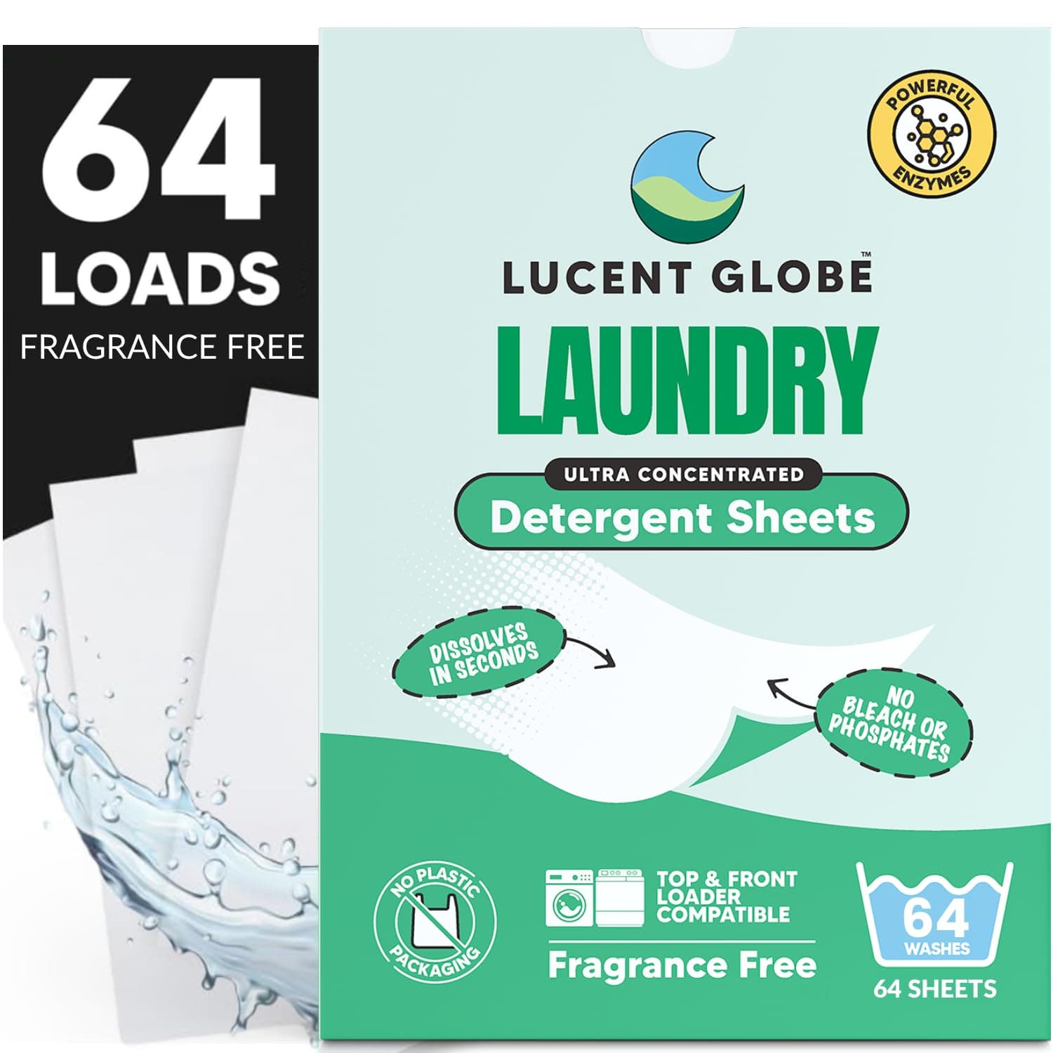 Lucent Globe Laundry Detergent Sheets. Pre-Measured Laundry Sheets. Powerful Stain Removal. Works in All Clothes Washers. (1 Pack - 64 Washes, Fragrance Free)