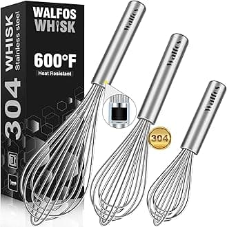 Walfos Whisk,304 Stainless Steel whisk,No-Rust 7+9+11inch Whisks for cooking Nice for Blending,Whisking,Beating.Heat resistant 600°F Dishwasher Safe. Heavy duty kitchen whisk.17.7+22.8+27.9cm -SILVER