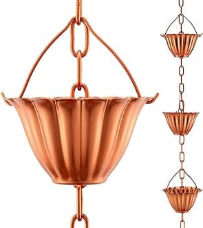 OAK LEAF Rain Chain Set, 8.5ft Copper Plated Rain Chain for Gutters with Adapter, Lotus Rain Chain Cups to Replace Gutter Downspout, Divert Water and Home Display, 12 Cups, Adjustable, Rose Gold