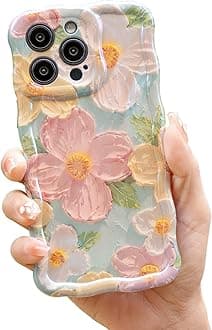 Cute Case for iPhone 15 Pro Max, Colorful Retro Oil Painting Printed Flowers Case, Fashion TPU Floral Laser Beam Glossy Pattern Curly Waves Frame Shockproof Protective Cover for Girl Women